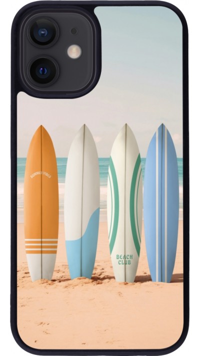 Coque iPhone 12 mini - Silicone rigide noir Summer surfboard 2025