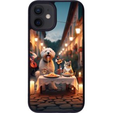 Coque iPhone 12 mini - Silicone rigide noir Valentine 2024 Dog & Cat Candlelight