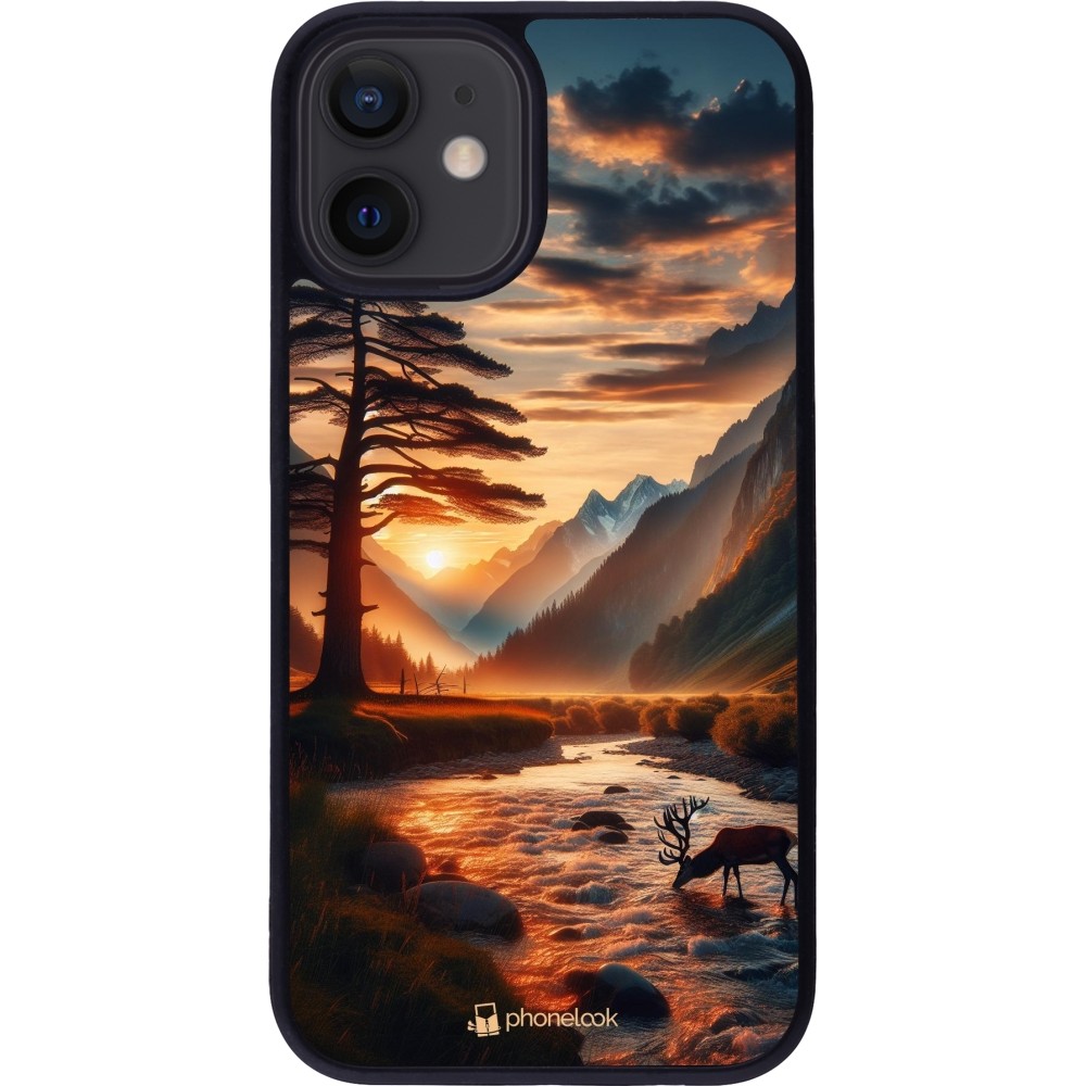 iPhone 12 mini Case Hülle - Silikon schwarz Tal Sonnenuntergang Hirsch Baum