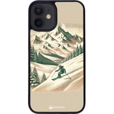 Coque iPhone 12 mini - Silicone rigide noir Vintage Ski Mountain