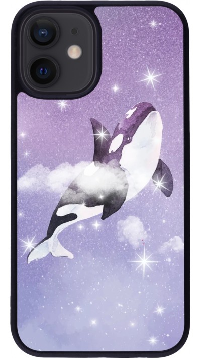 Coque iPhone 12 mini - Silicone rigide noir Whale in sparking stars