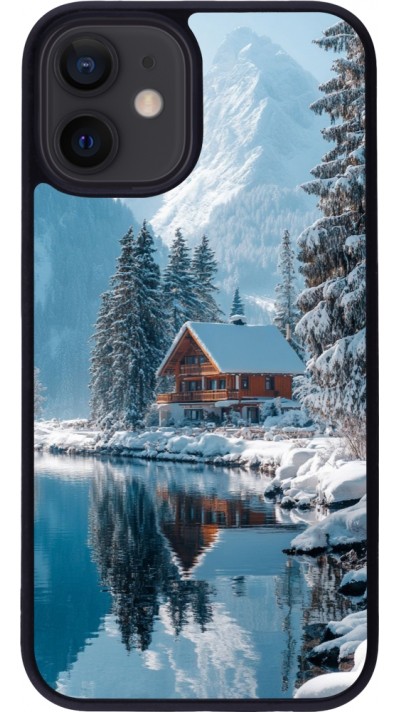 Coque iPhone 12 mini - Silicone rigide noir Winter 25 Winter house forest day