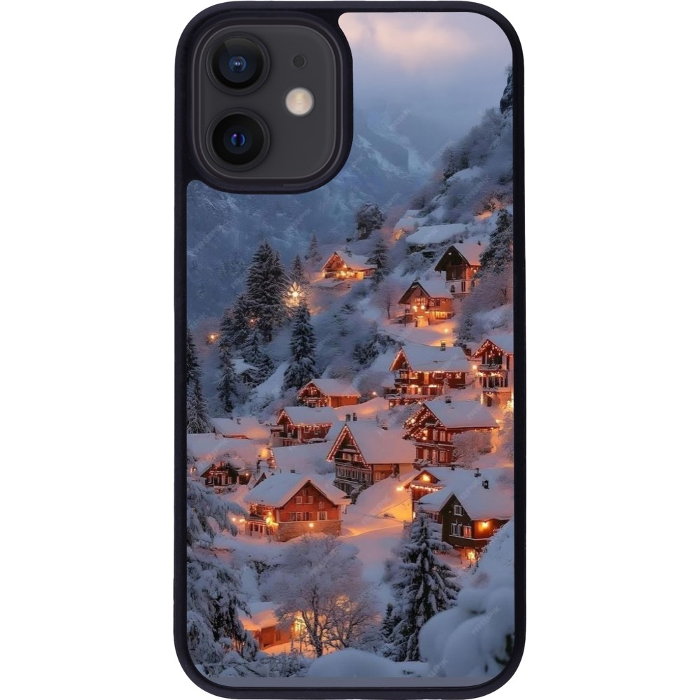 Coque iPhone 12 mini - Silicone rigide noir Winter 25 Winter snowy village