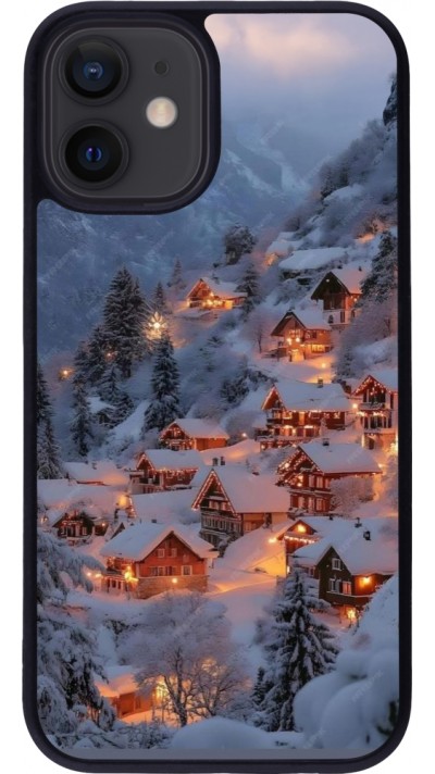 Coque iPhone 12 mini - Silicone rigide noir Winter 25 Winter snowy village