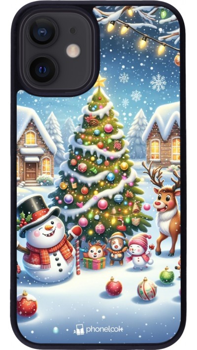 iPhone 12 mini Case Hülle - Silikon schwarz Weihnachten 2023 Schneemann und Tannenbaum
