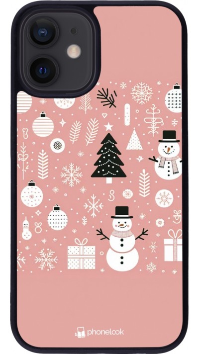 iPhone 12 mini Case Hülle - Silikon schwarz Weihnachten 2024 Rose Schneemann Weihnachten