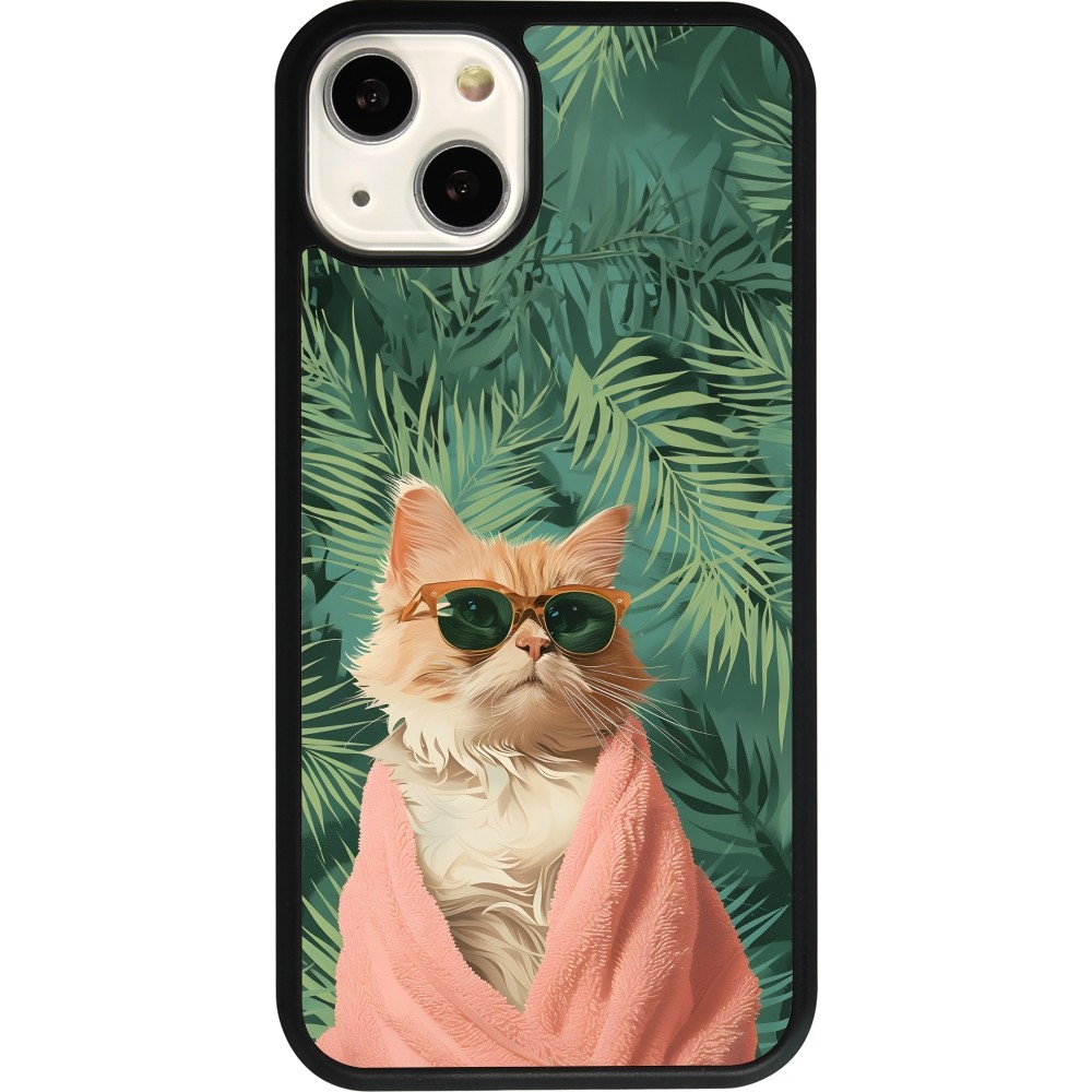 Coque iPhone 13 - Silicone rigide noir Cat Summer Palms