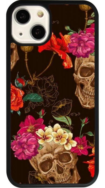 iPhone 13 Case Hülle - Silikon schwarz Skulls and flowers