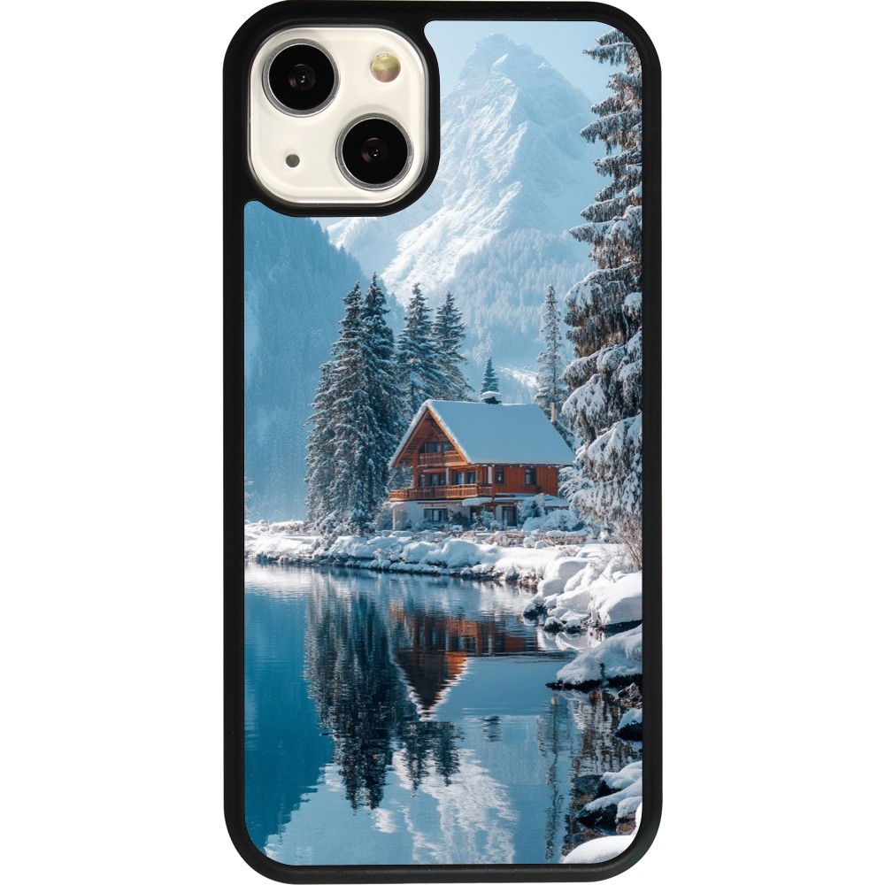 Coque iPhone 13 - Silicone rigide noir Winter 25 Winter house forest day