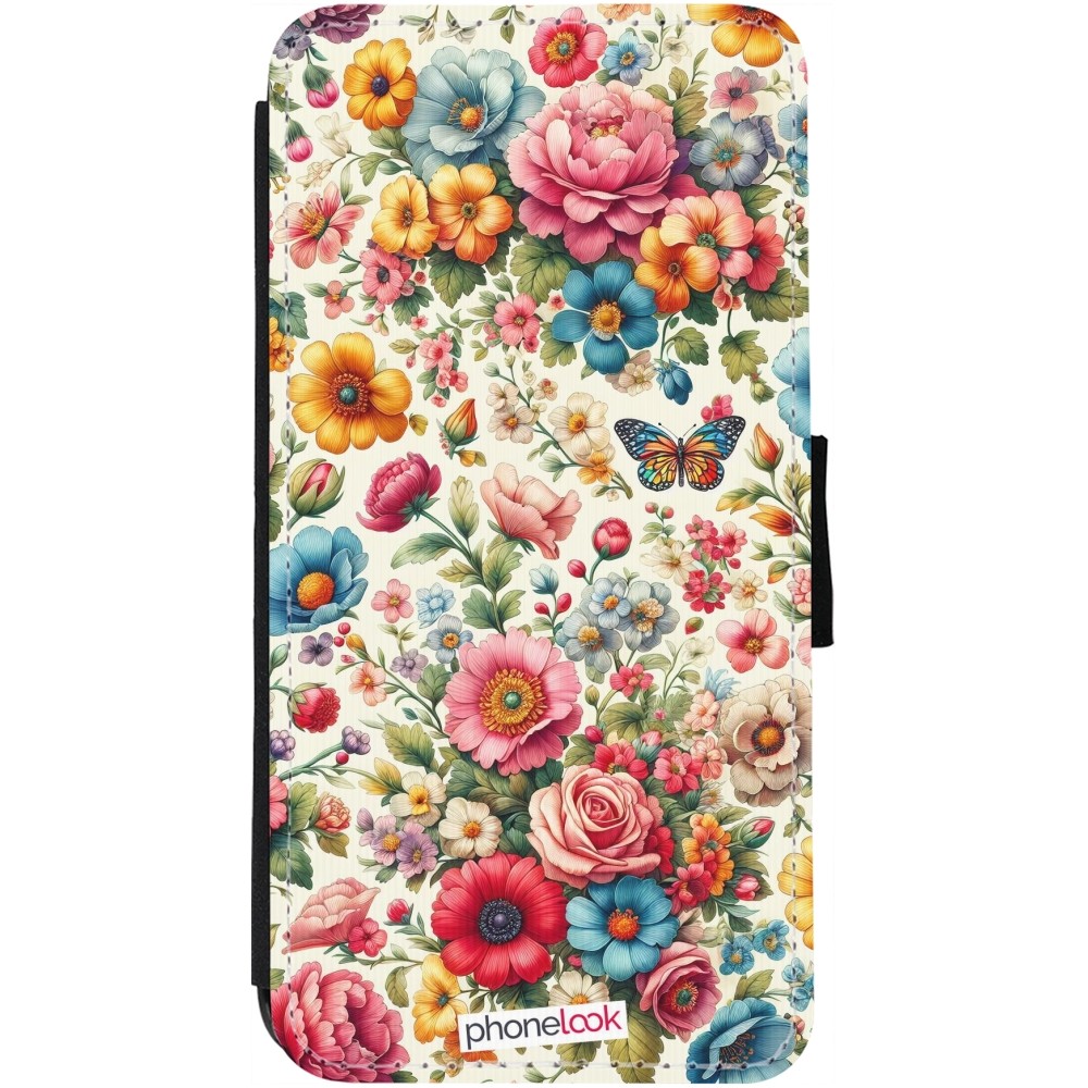 Coque iPhone 13 - Wallet noir Spring 25 printemps fleuri