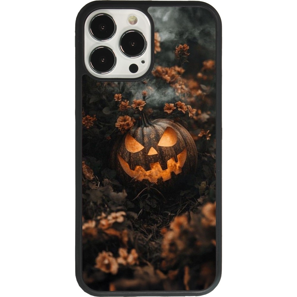 Coque iPhone 13 Pro Max - Silicone rigide noir Halloween 2025 Pumpkin with flowers