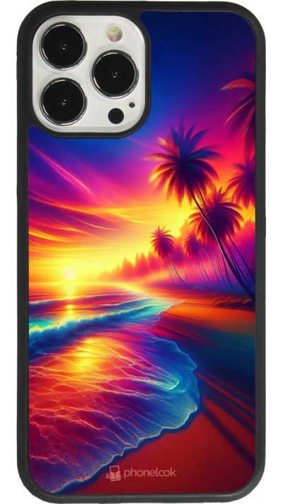 Coque iPhone 13 Pro Max - Silicone rigide noir Plage coucher soleil flashy
