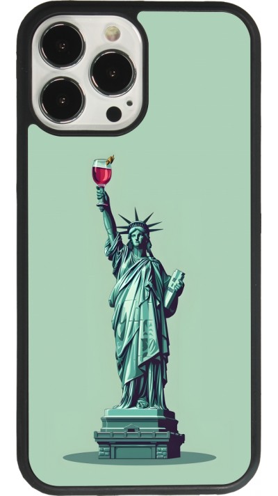 Coque iPhone 13 Pro Max - Silicone rigide noir Wine Statue de la liberté avec un verre de vin