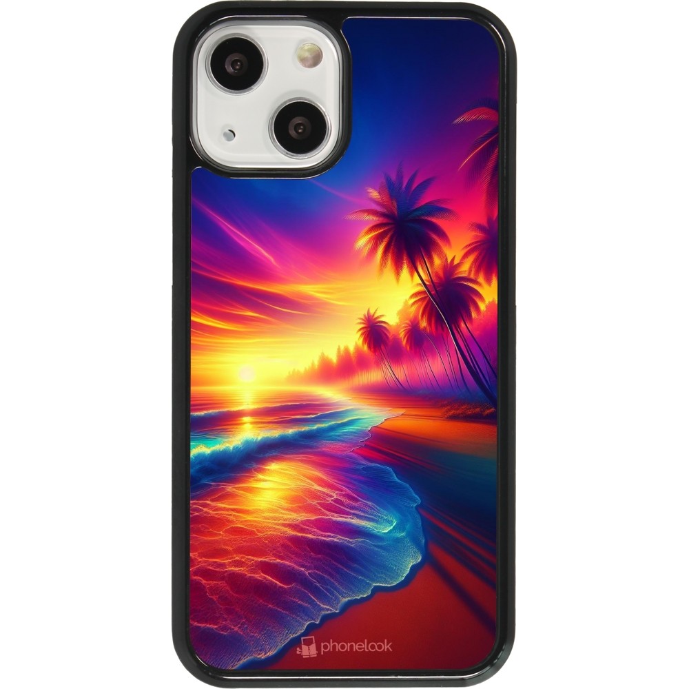 Coque iPhone 13 mini - Plage coucher soleil flashy