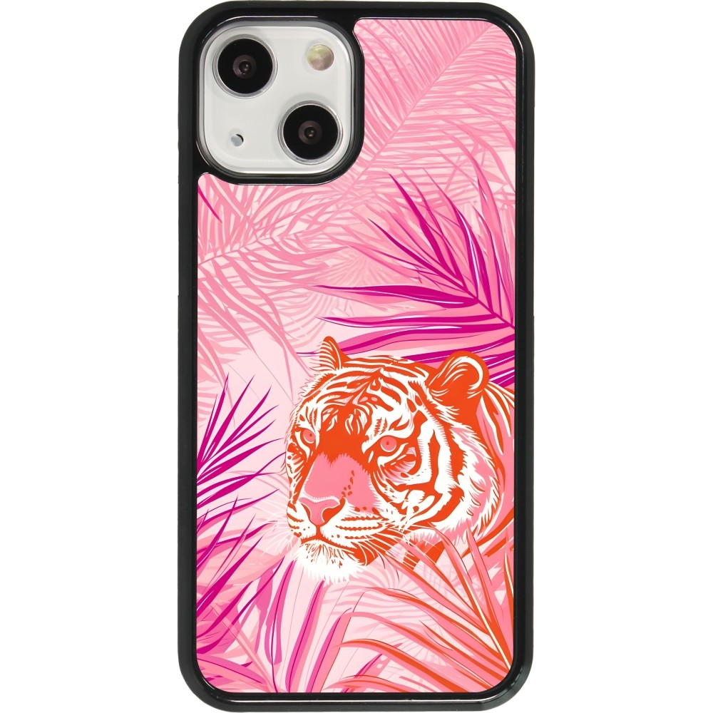 Coque iPhone 13 mini - Tigre palmiers roses