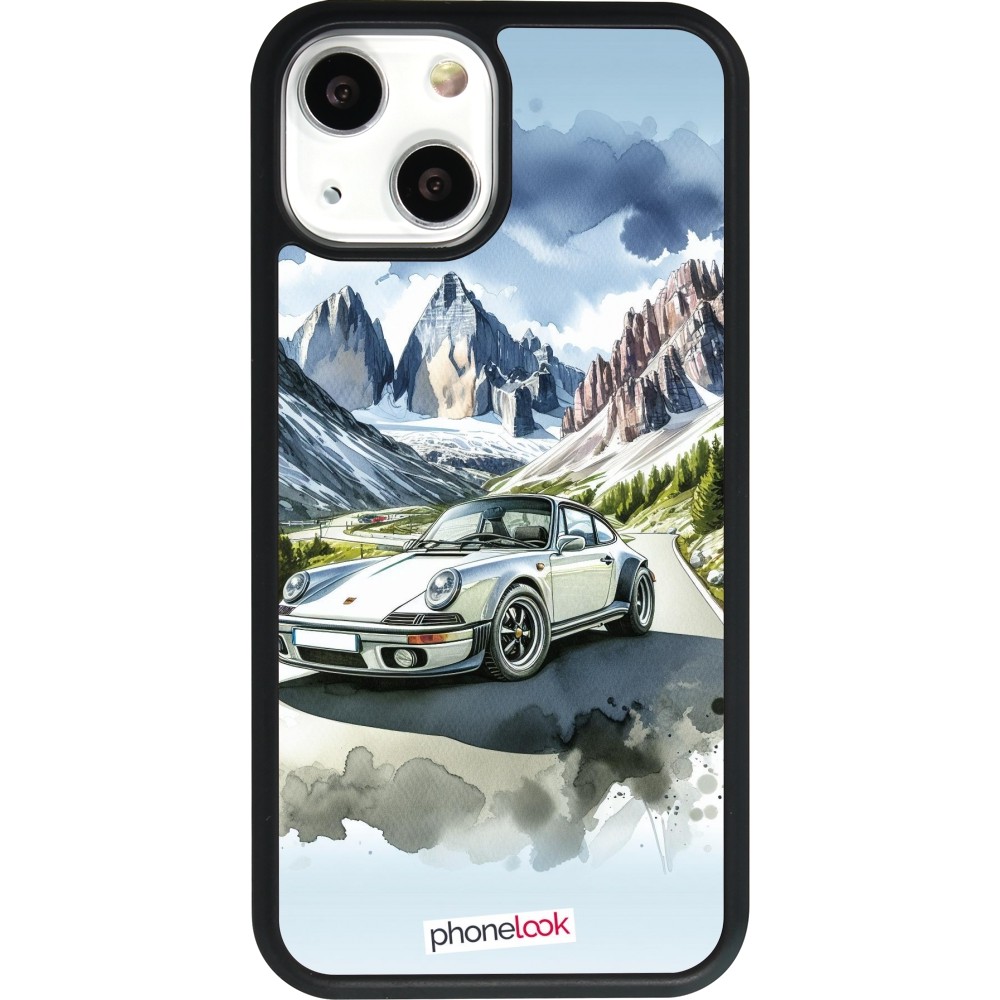 Coque iPhone 13 mini - Silicone rigide noir Porsche 911 Mountain Watercolor