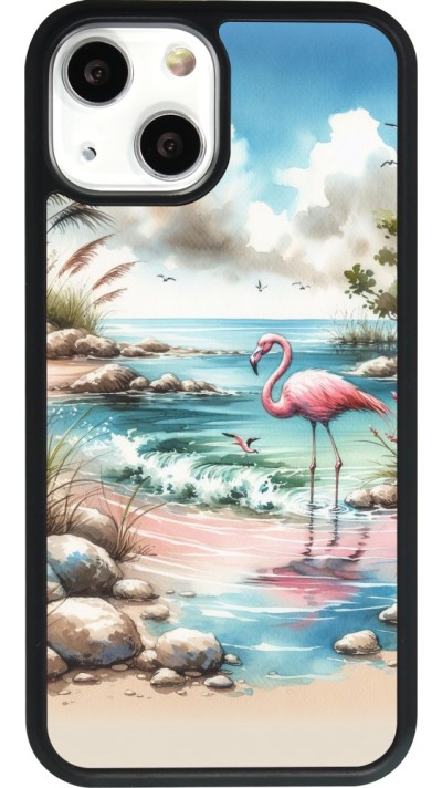 Coque iPhone 13 mini - Silicone rigide noir Flamant rose aquarelle