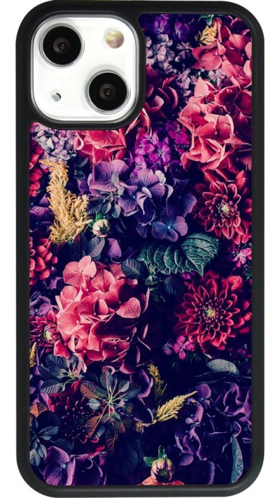 Coque iPhone 13 mini - Silicone rigide noir Flowers Dark