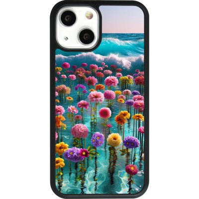 Coque iPhone 13 mini - Silicone rigide noir Flower sea waves