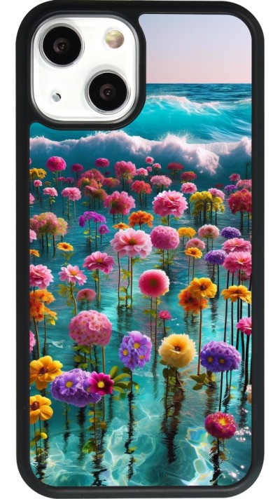 Coque iPhone 13 mini - Silicone rigide noir Flower sea waves