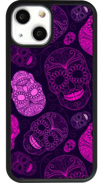 Coque iPhone 13 mini - Silicone rigide noir Halloween 2023 pink skulls