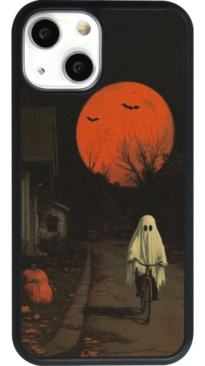 Coque iPhone 13 mini - Silicone rigide noir Halloween 2025 Ghost on a bicycle