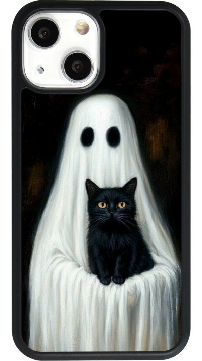 Coque iPhone 13 mini - Silicone rigide noir Halloween 2025 Ghost with black cat