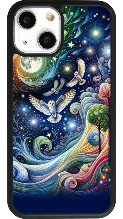 Coque iPhone 13 mini - Silicone rigide noir hibou volant floral