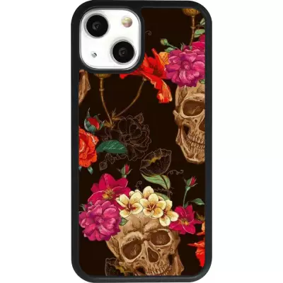 Hülle iPhone 13 mini - Silikon schwarz Skulls and flowers