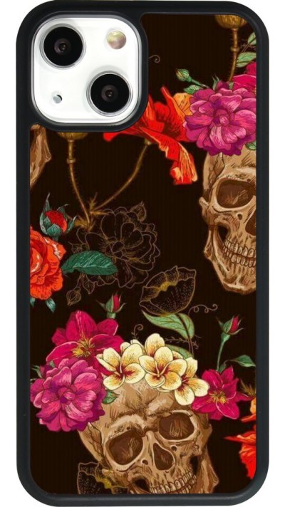 Coque iPhone 13 mini - Silicone rigide noir Skulls and flowers