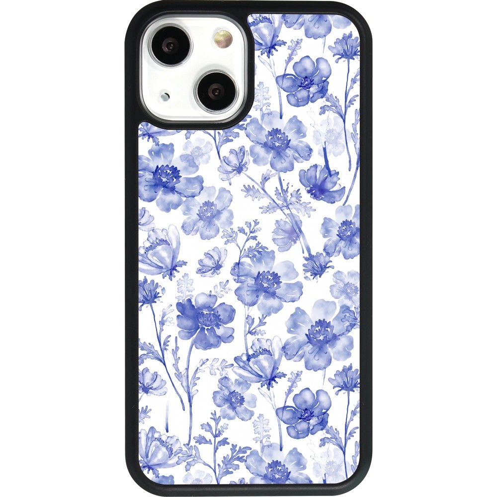 iPhone 13 mini Case Hülle - Silikon schwarz Spring 23 watercolor blue flowers