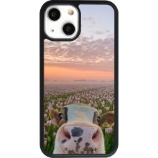Coque iPhone 13 mini - Silicone rigide noir Cow with tulips 2026