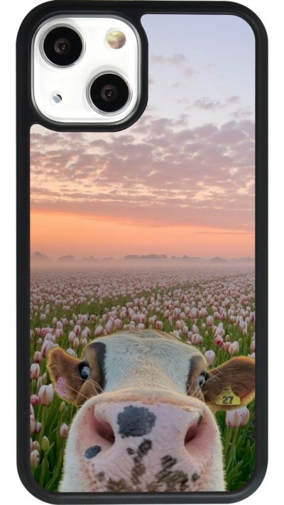 Coque iPhone 13 mini - Silicone rigide noir Cow with tulips 2026