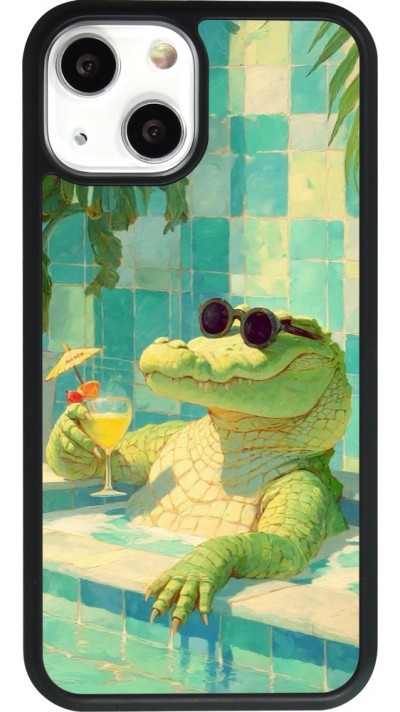 Coque iPhone 13 mini - Silicone rigide noir Crocodile in the swimming pool Summer 2026