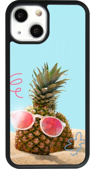 Coque iPhone 13 mini - Silicone rigide noir Pineapple with glasses Summer 2026
