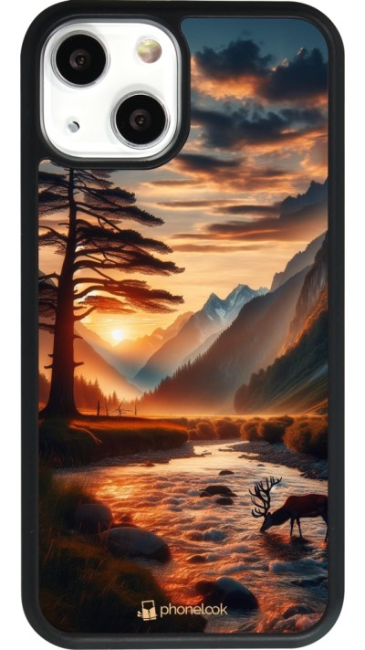 Coque iPhone 13 mini - Silicone rigide noir Valley Sunset Deer Tree