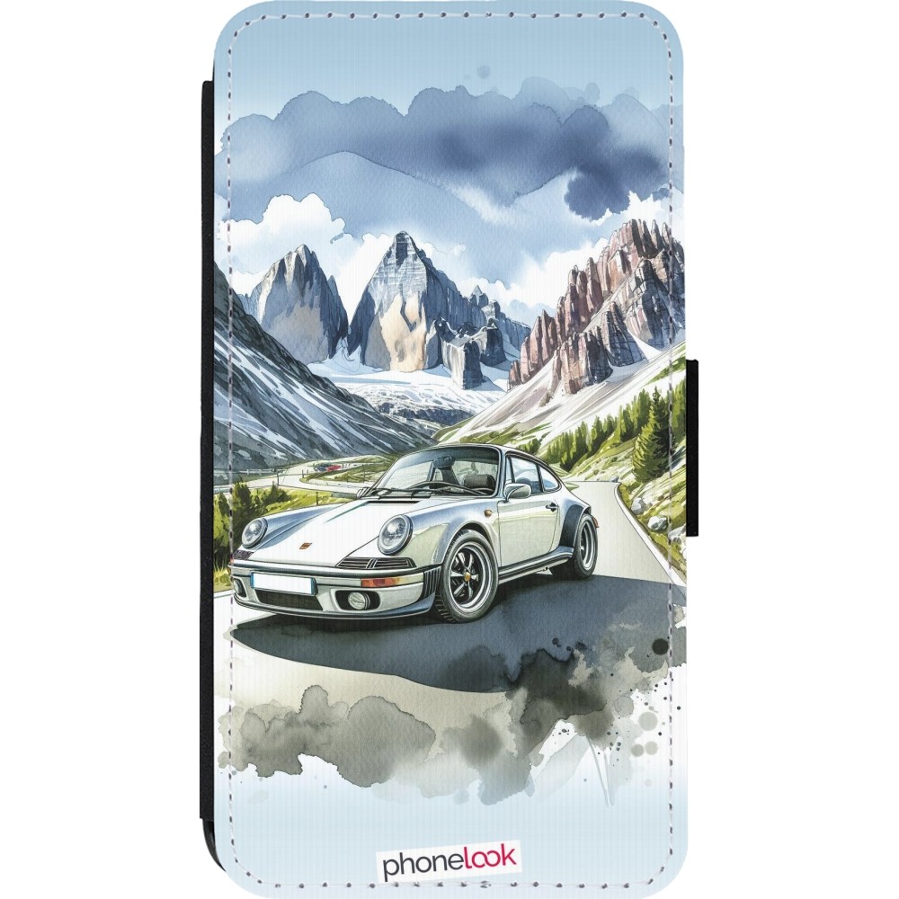 Coque iPhone 13 mini - Wallet noir Porsche 911 Mountain Watercolor