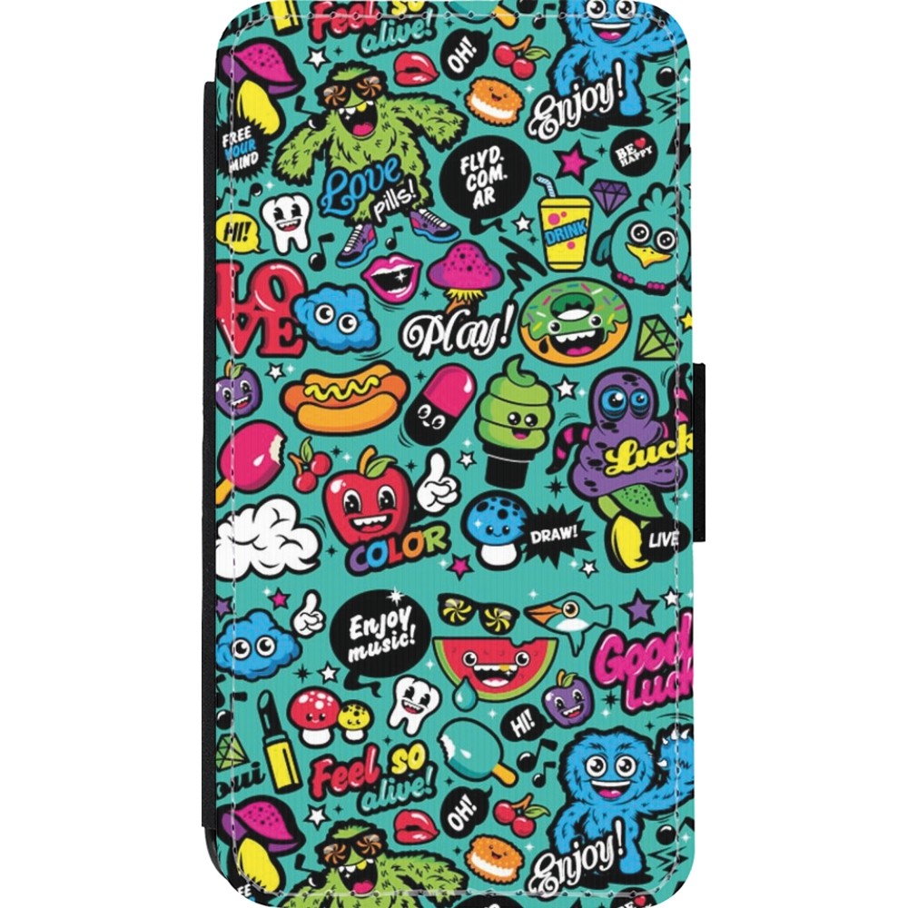 iPhone 13 mini Case Hülle - Wallet schwarz Cartoons old school