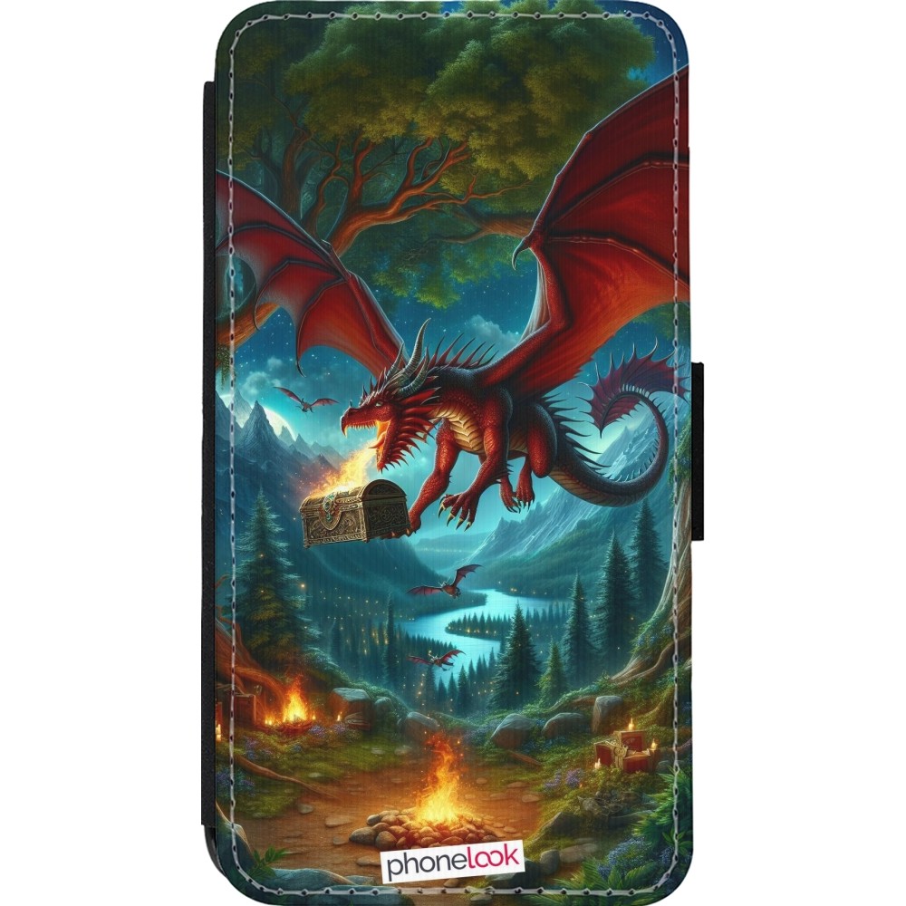 iPhone 13 mini Case Hülle - Wallet schwarz Drache Fliegend Wald Schatz