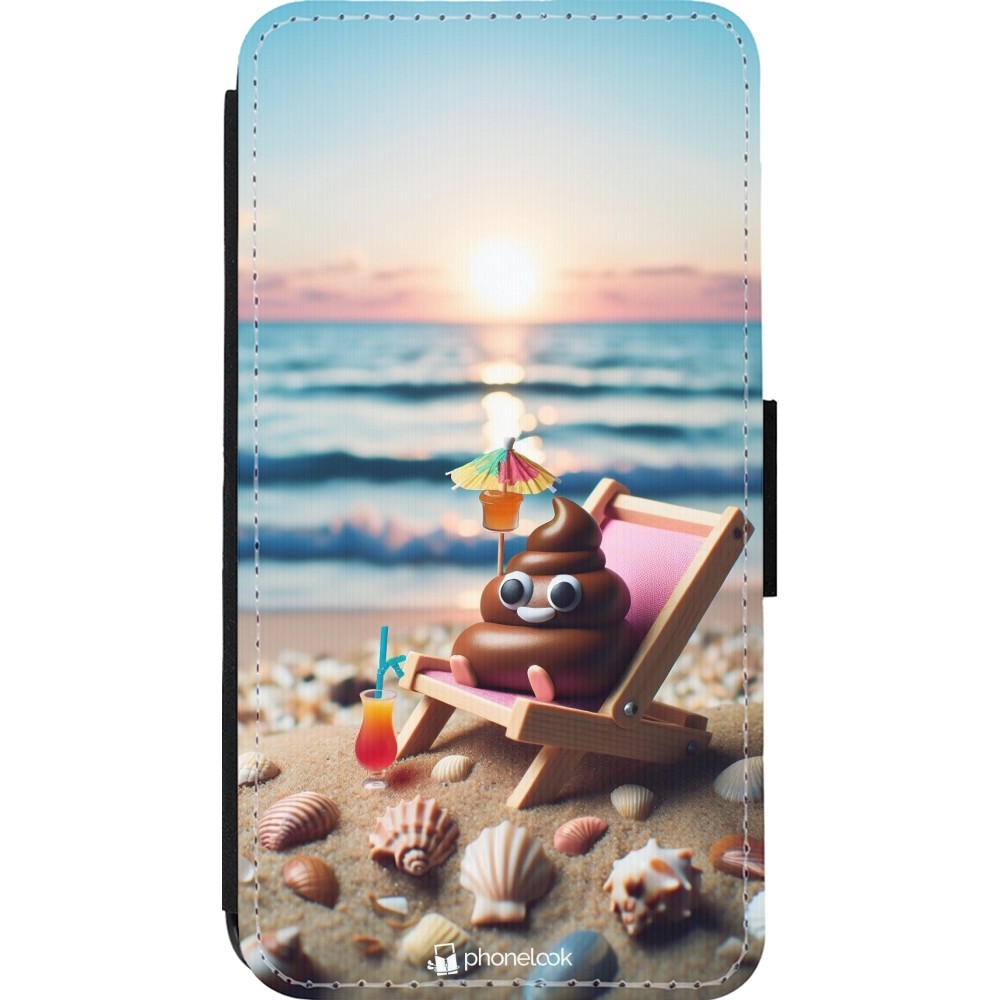 iPhone 13 mini Case Hülle - Wallet schwarz Kackhaufen Emoji auf Liegestuhl