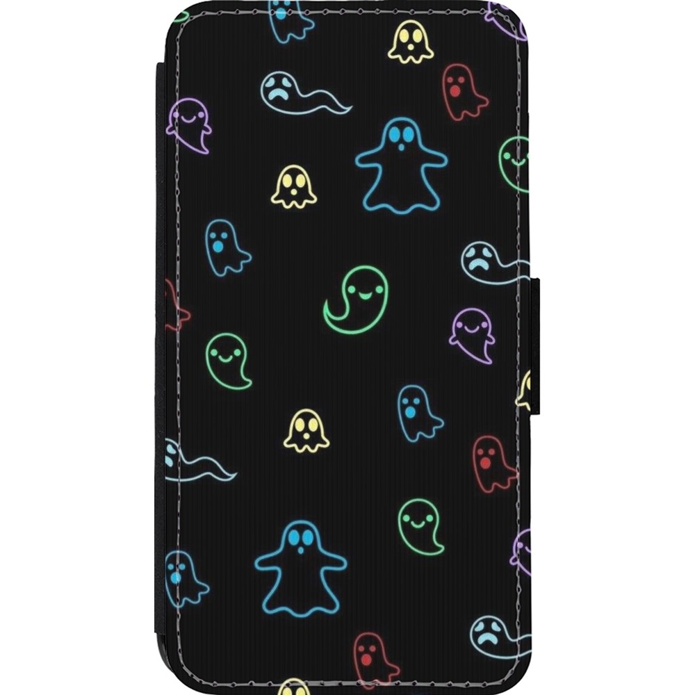 Coque iPhone 13 mini - Wallet noir Halloween 2024 colorful ghosts