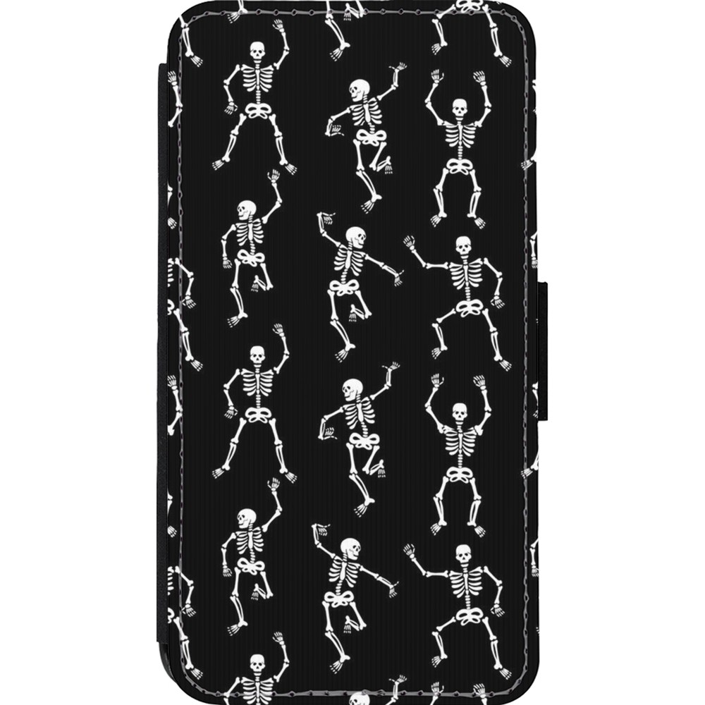Coque iPhone 13 mini - Wallet noir Halloween 2024 dancing skeleton