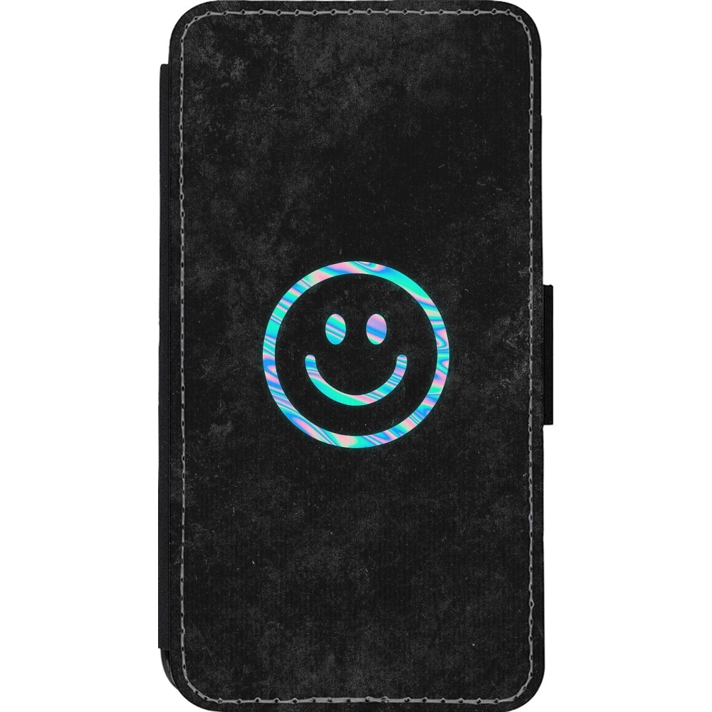 Coque iPhone 13 mini - Wallet noir Happy smiley irisé