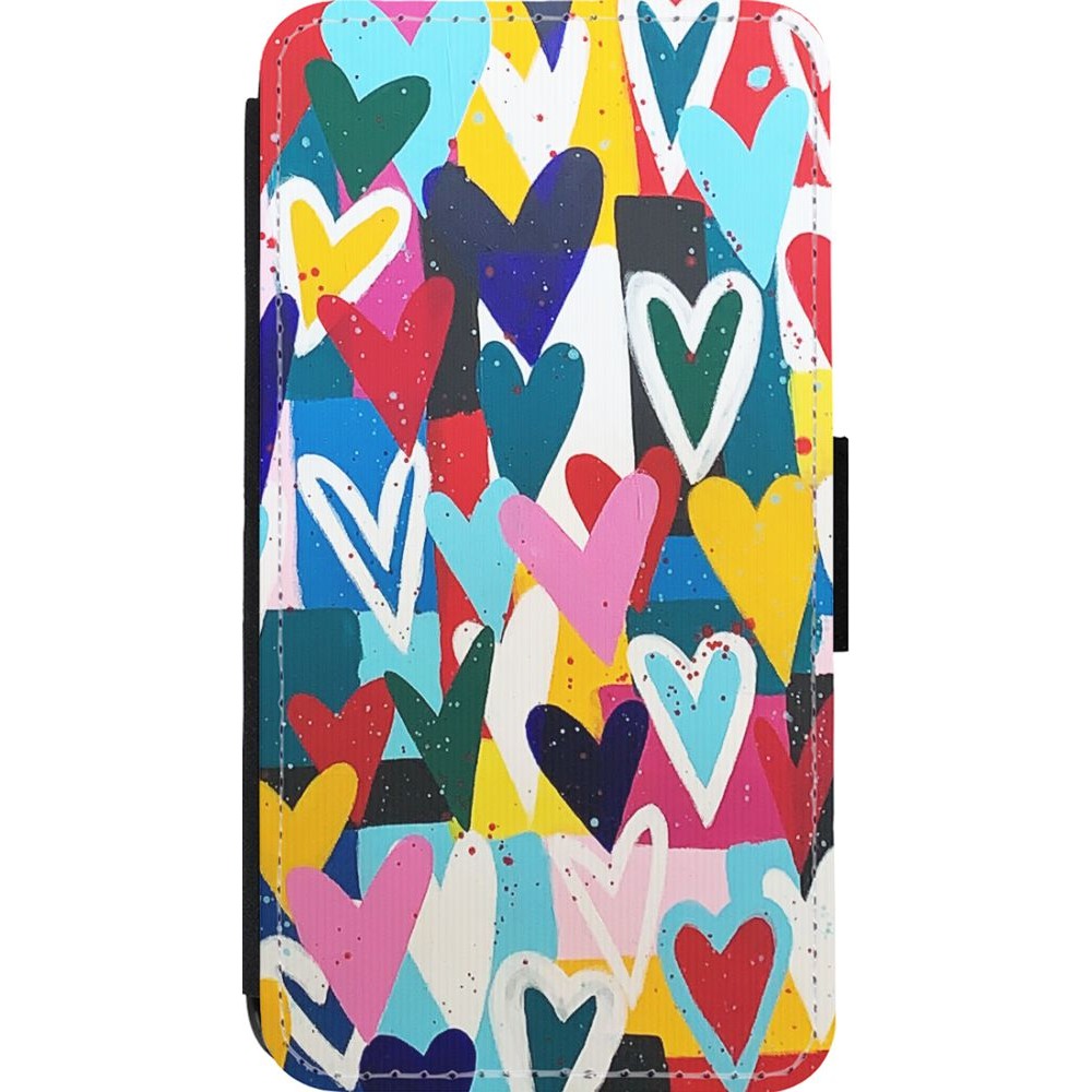 Coque iPhone 13 mini - Wallet noir Joyful Hearts
