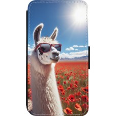 iPhone 13 mini Case Hülle - Wallet schwarz Lama Chic in Mohnblume