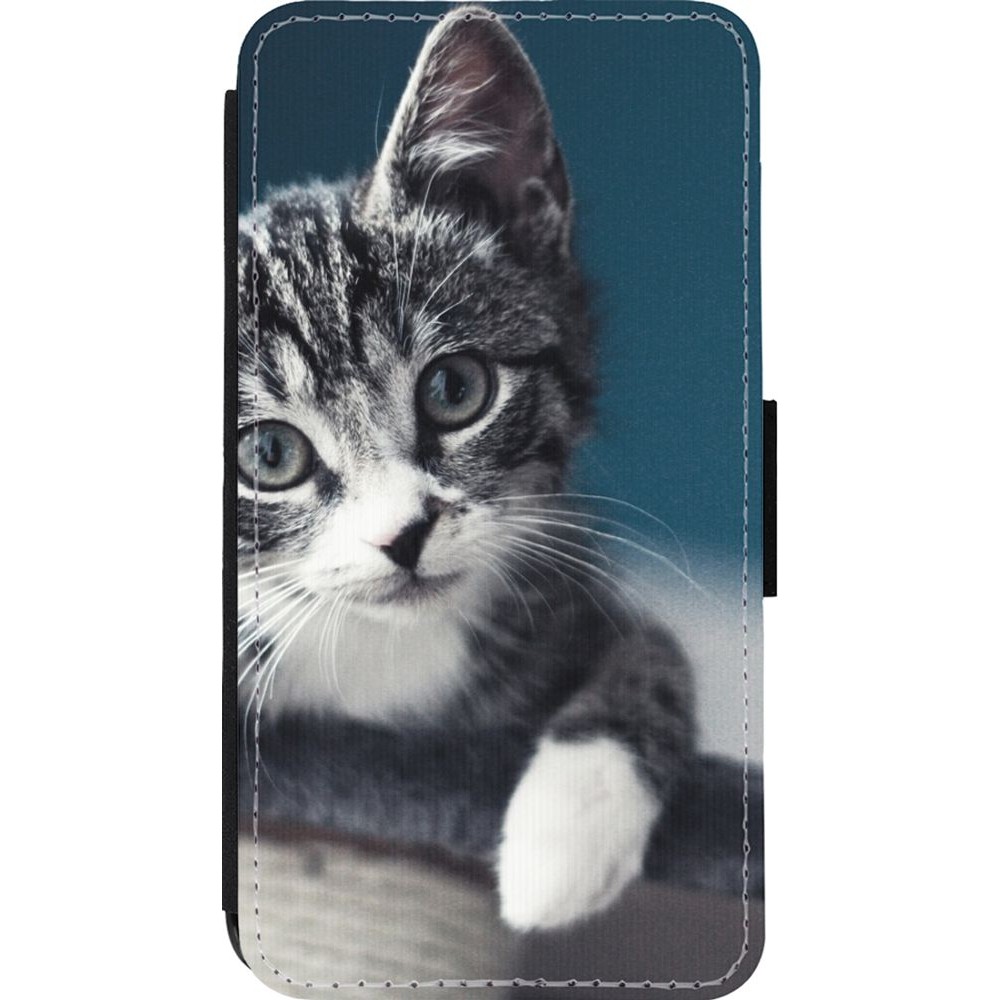 Coque iPhone 13 mini - Wallet noir Meow 23