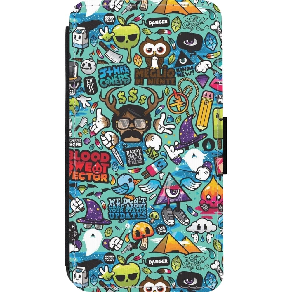 iPhone 13 mini Case Hülle - Wallet schwarz Mixed Cartoons Turquoise