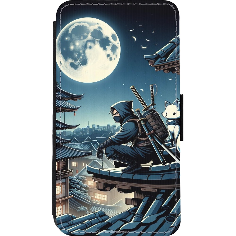iPhone 13 mini Case Hülle - Wallet schwarz Ninja unter dem Mond