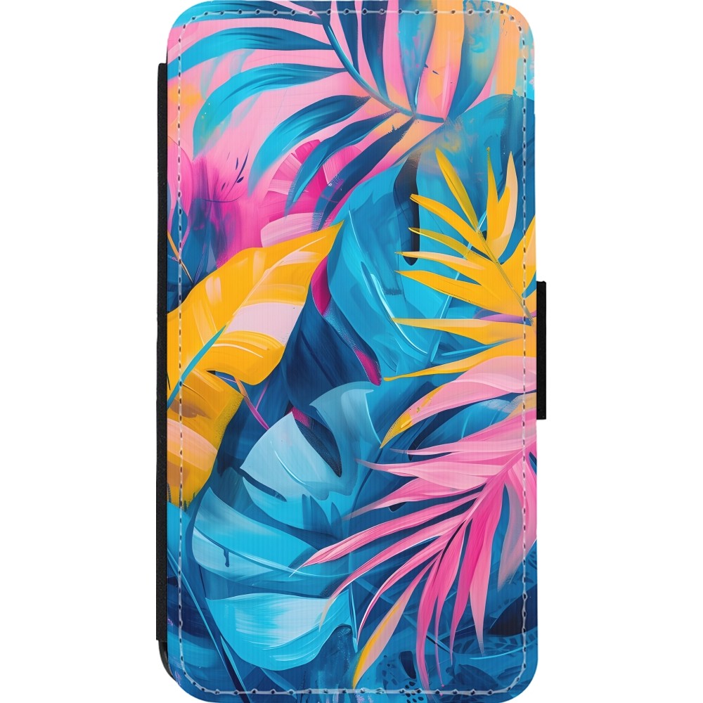 Coque iPhone 13 mini - Wallet noir Palms Blue