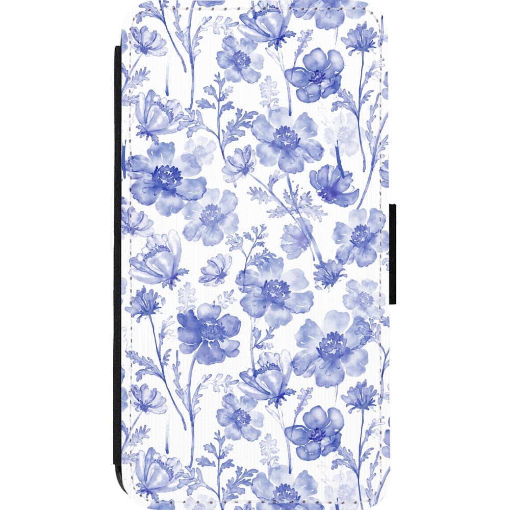 iPhone 13 mini Case Hülle - Wallet schwarz Spring 23 watercolor blue flowers